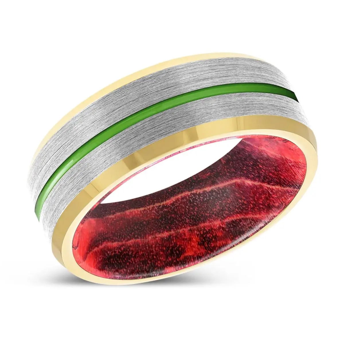 Valente | Black & Red Wood, Silver Tungsten Ring, Green Groove, Gold Beveled Edge 2