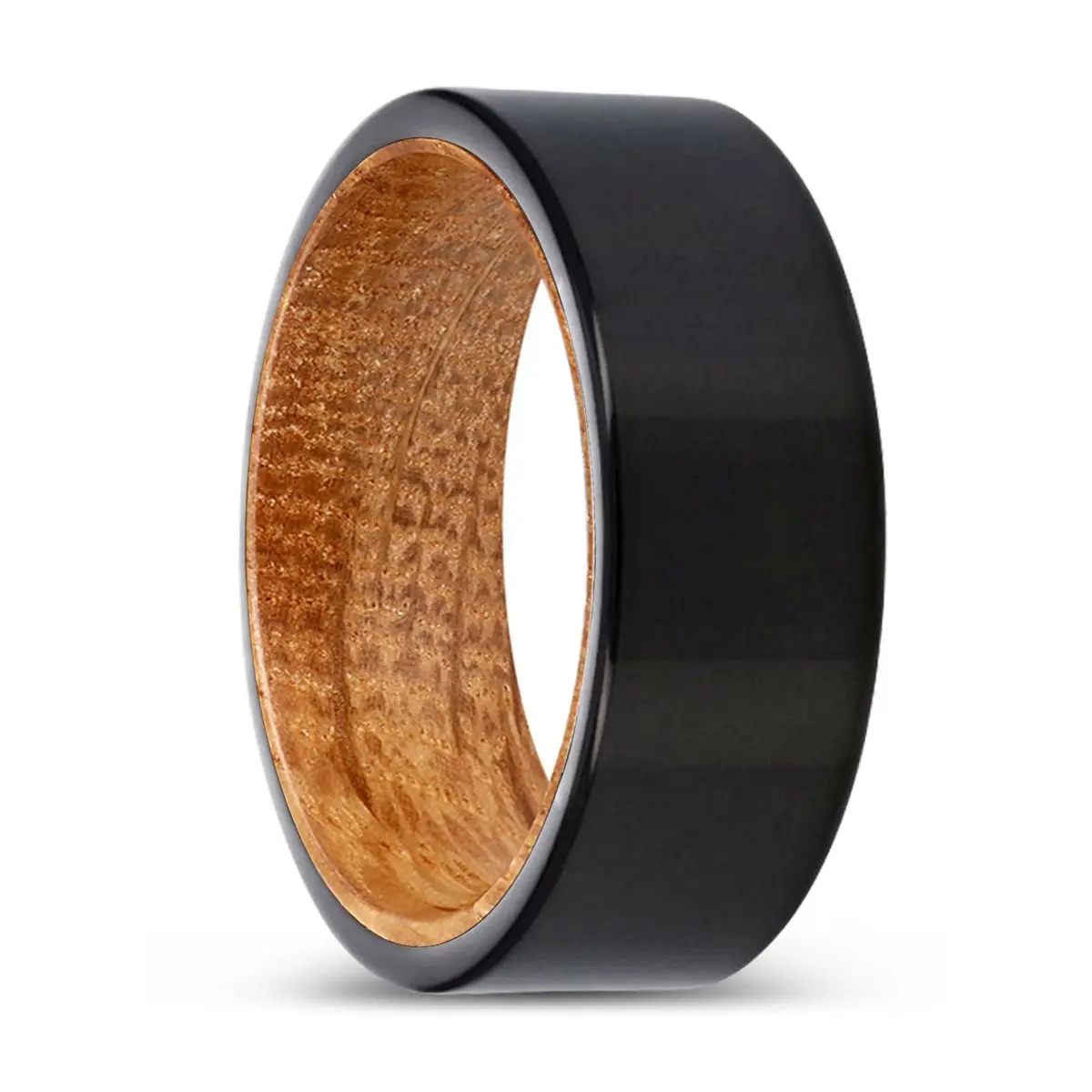 Valentin | Whiskey Barrel Wood, Black Tungsten Ring, Shiny, Flat 1