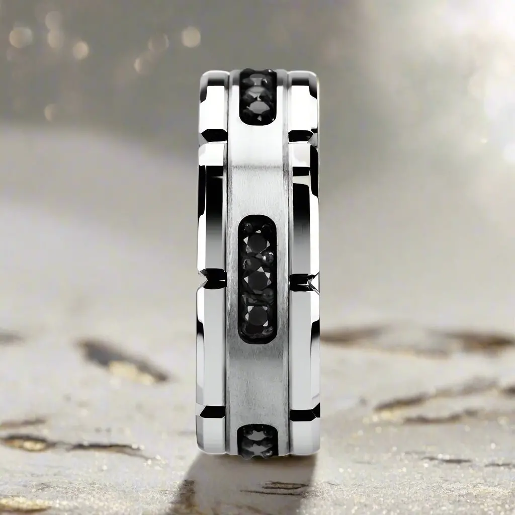 Valor | Silver Tungsten Ring, Silver Inlay & Black Diamonds 4