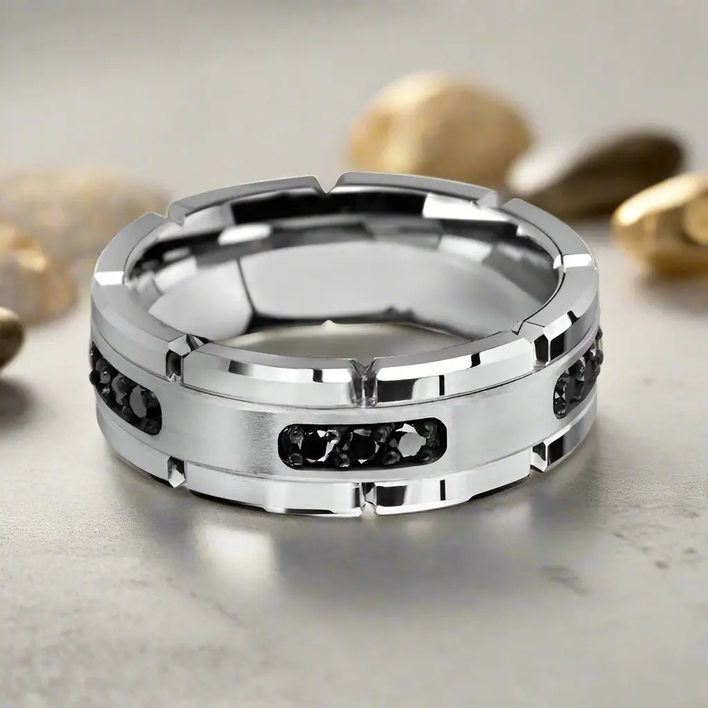Valor | Silver Tungsten Ring, Silver Inlay & Black Diamonds 3