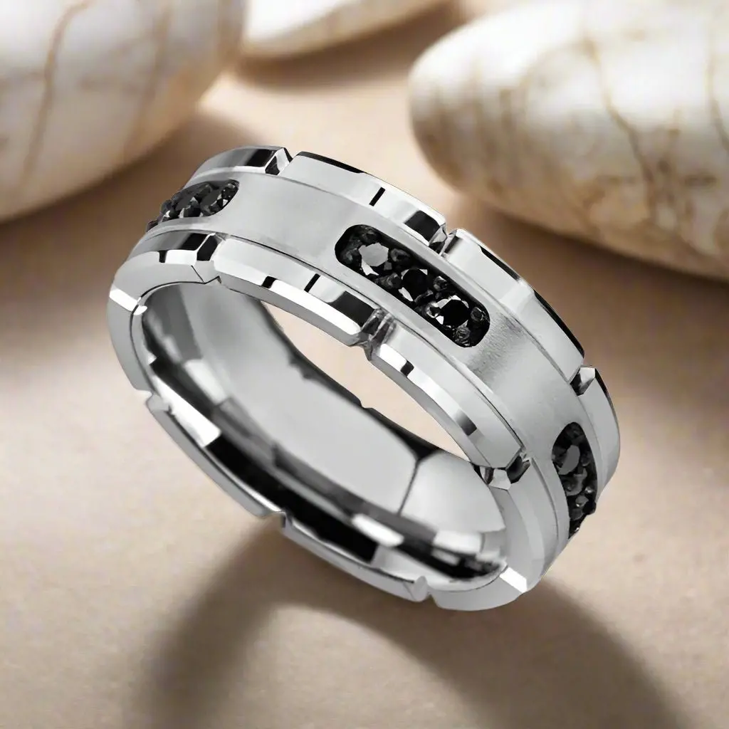 Valor | Silver Tungsten Ring, Silver Inlay & Black Diamonds 2