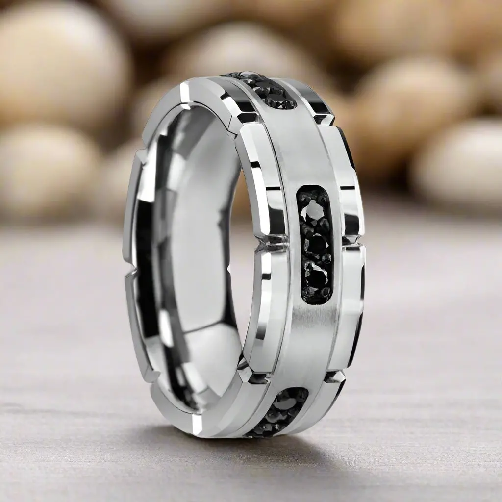 Valor | Silver Tungsten Ring, Silver Inlay & Black Diamonds 1