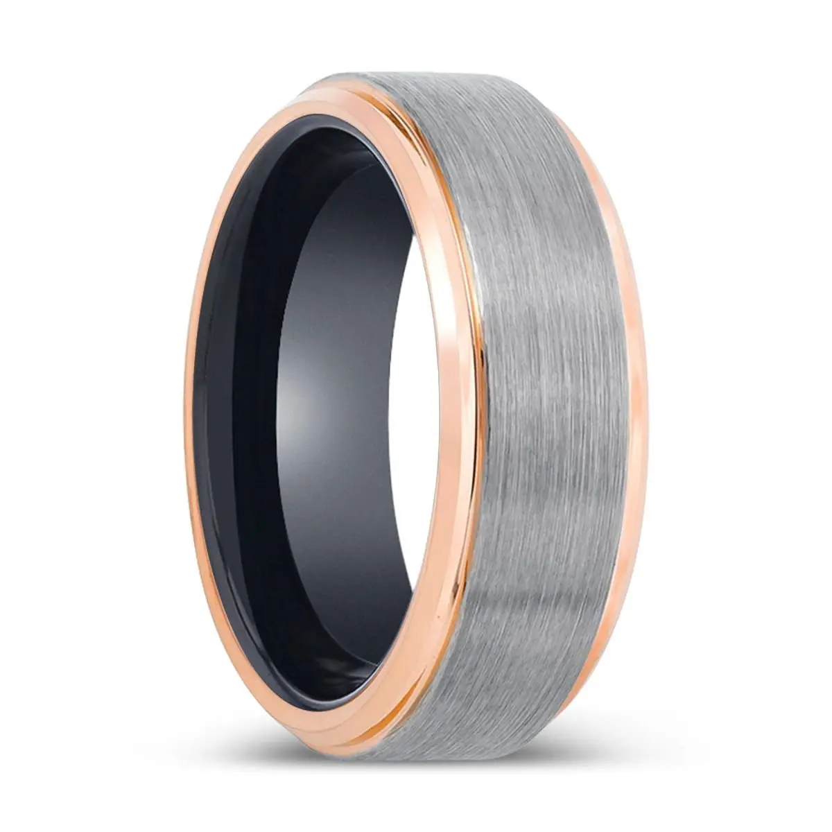Vampire | Black Ring, Silver Tungsten Ring, Brushed, Rose Gold Stepped Edge 1