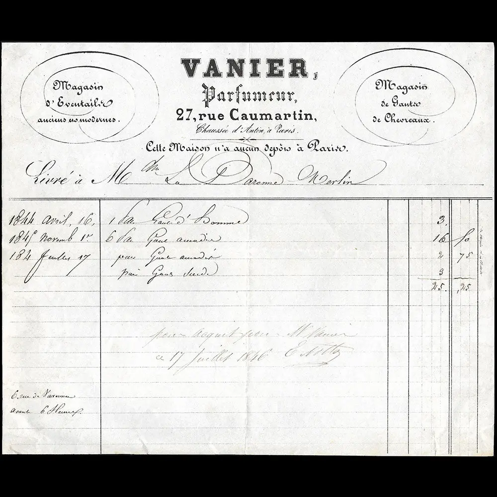 Vanier - Facture Du Parfumeur, 27 Rue Caumartin À Paris (1844) 1