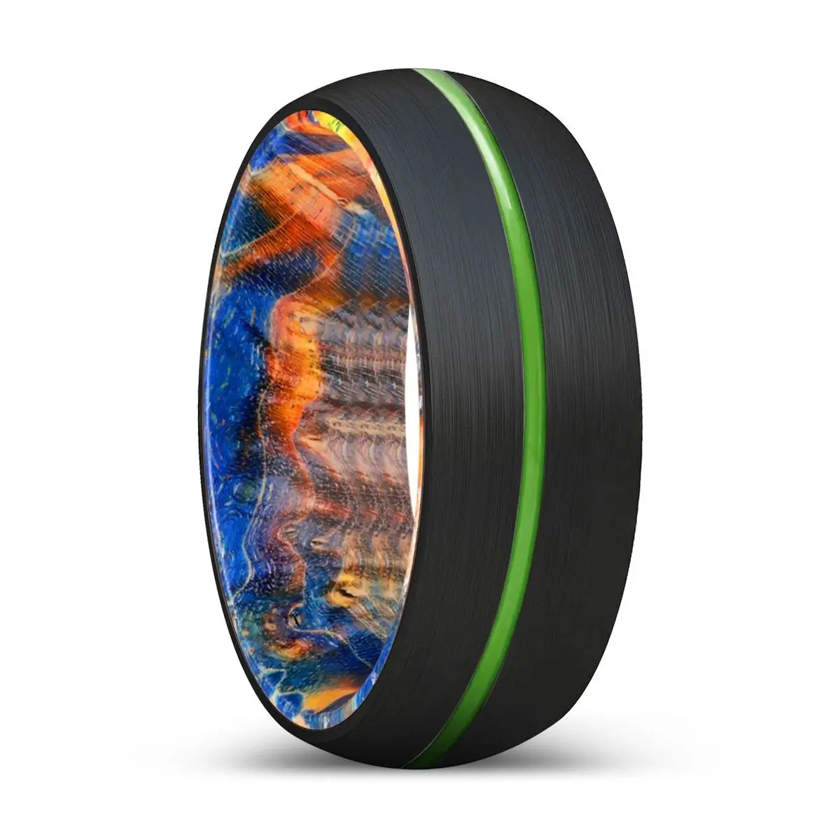 Vapor | Blue & Yellow/Orange Wood, Black Tungsten Ring, Green Groove, Domed 1