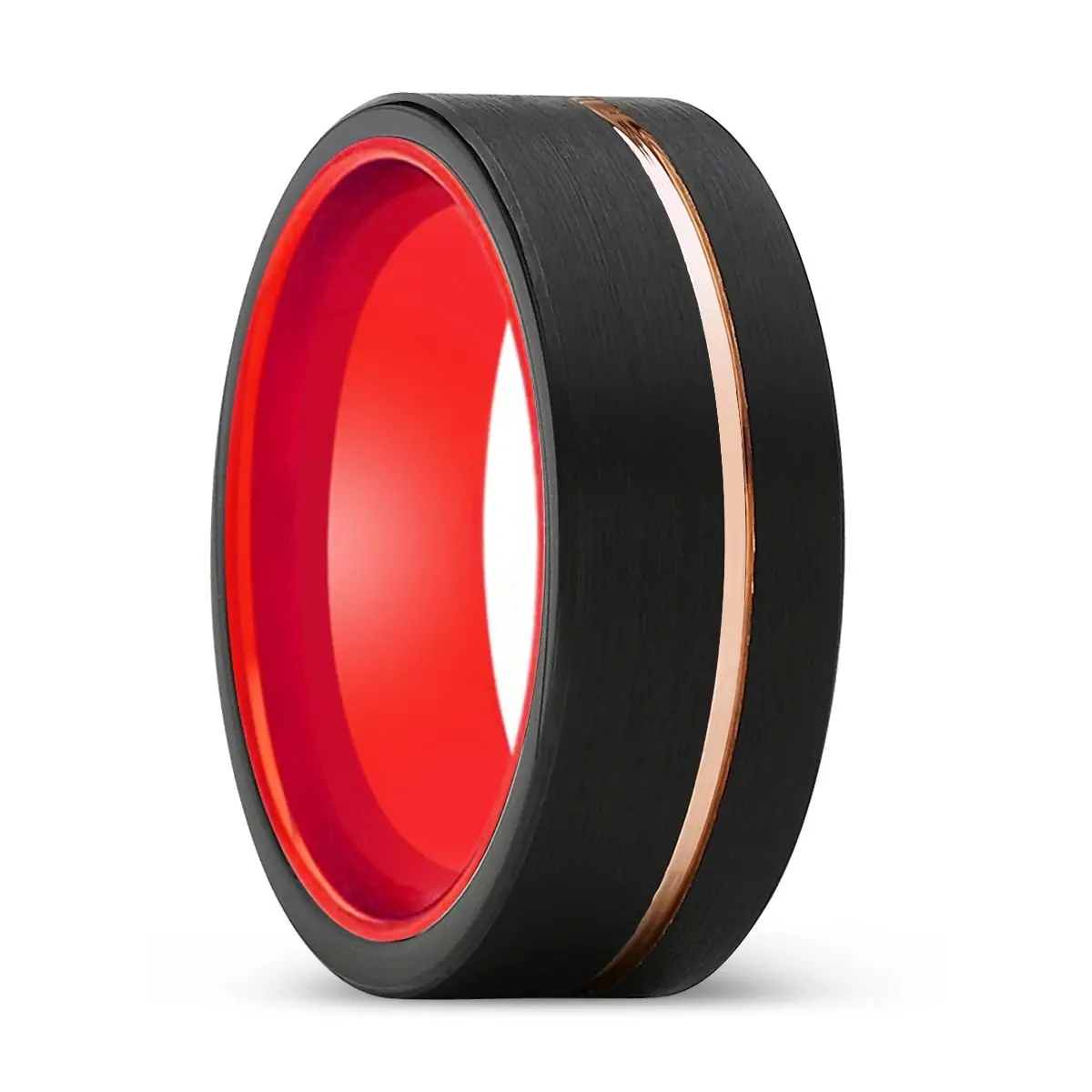 Velvet | Red Ring, Black Tungsten Ring, Rose Gold Offset Groove, Brushed, Flat 1