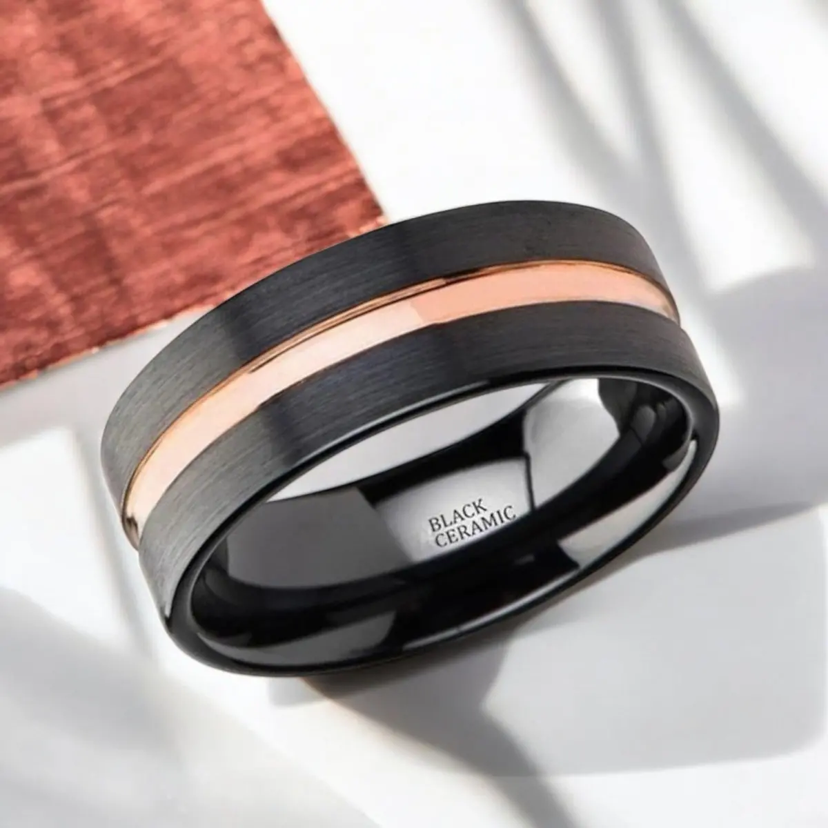 Venice | Black Ceramic Ring, Rose Gold Groove, Flat 2