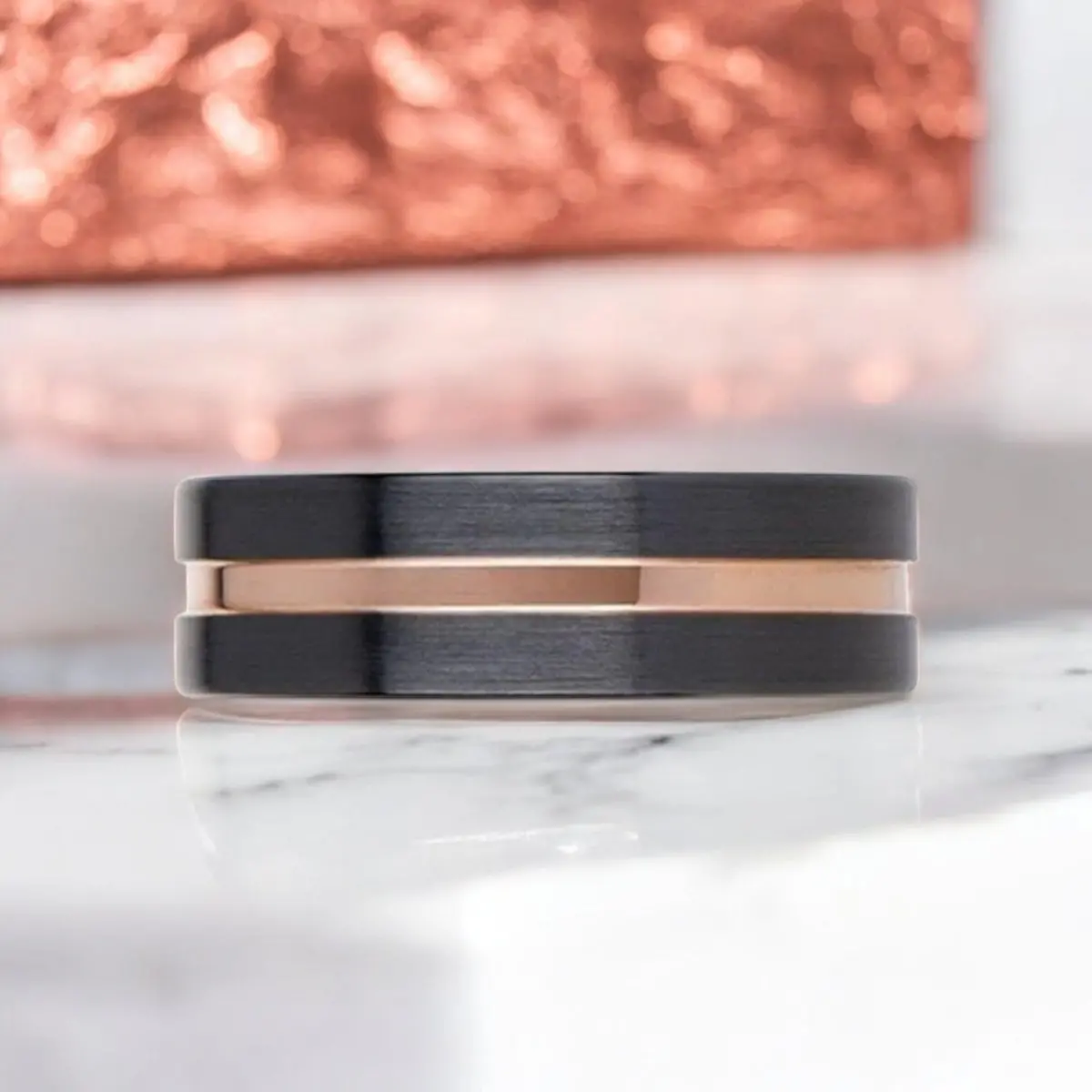 Venice | Black Ceramic Ring, Rose Gold Groove, Flat 3