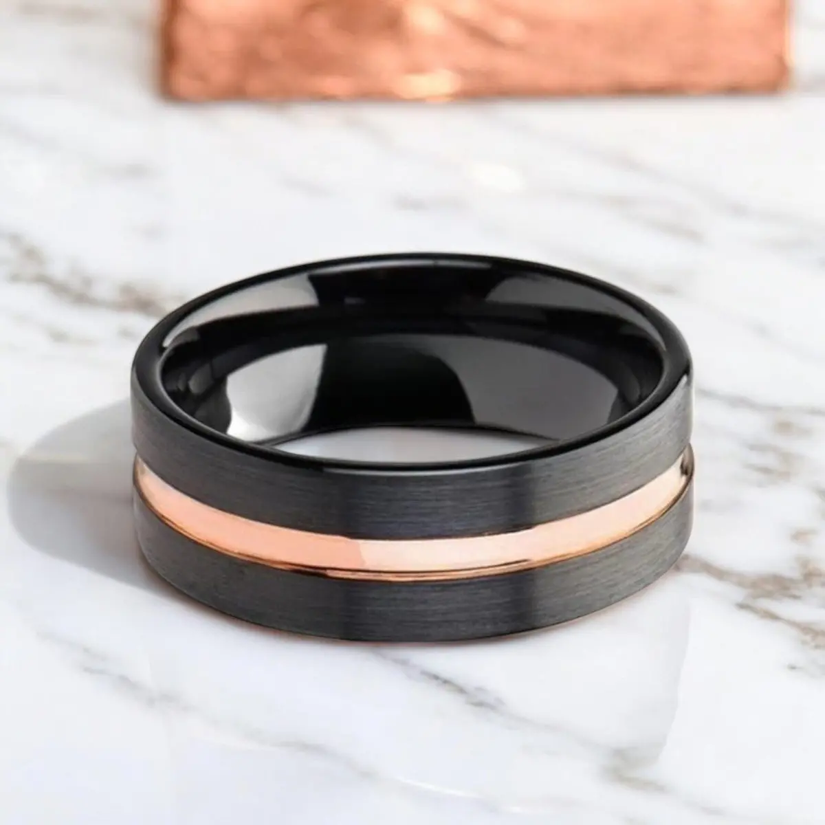 Venice | Black Ceramic Ring, Rose Gold Groove, Flat 5