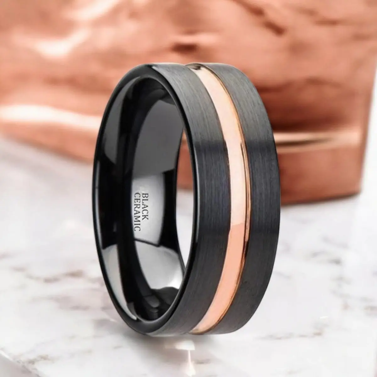 Venice | Black Ceramic Ring, Rose Gold Groove, Flat 1