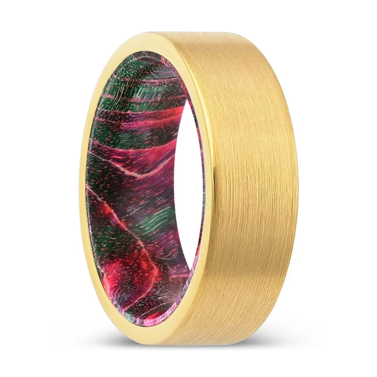 Venzor | Green & Red Wood, Gold Tungsten Ring, Brushed, Flat 1