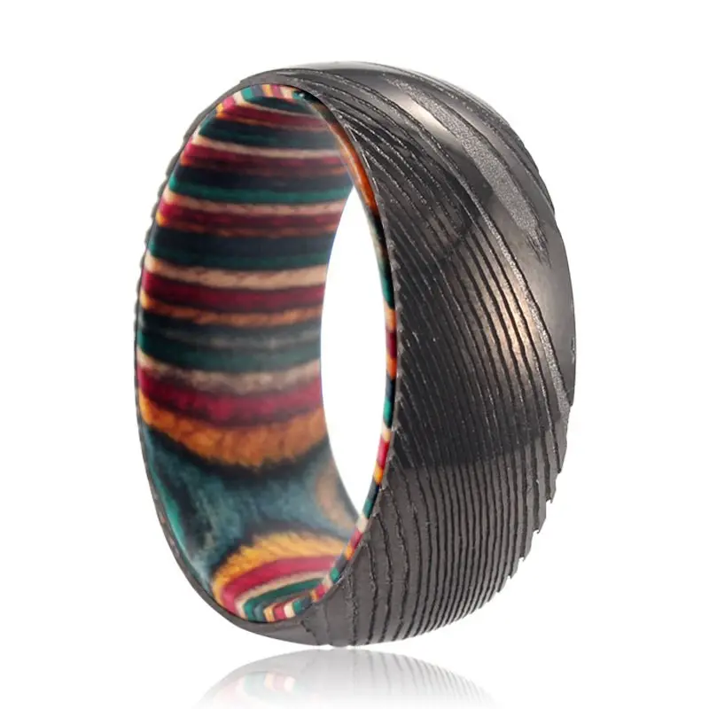 Vera | Multi Color Wood, Gunmetal Damascus Steel Ring, Domed 1