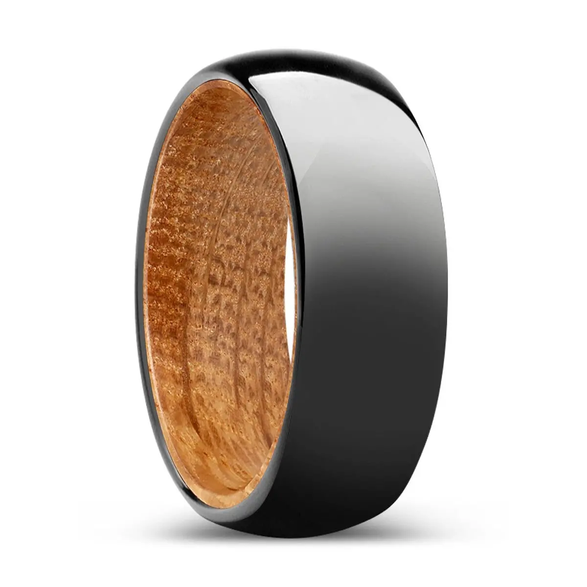 Verdant | Whiskey Barrel Wood, Black Tungsten Ring, Shiny, Domed 1