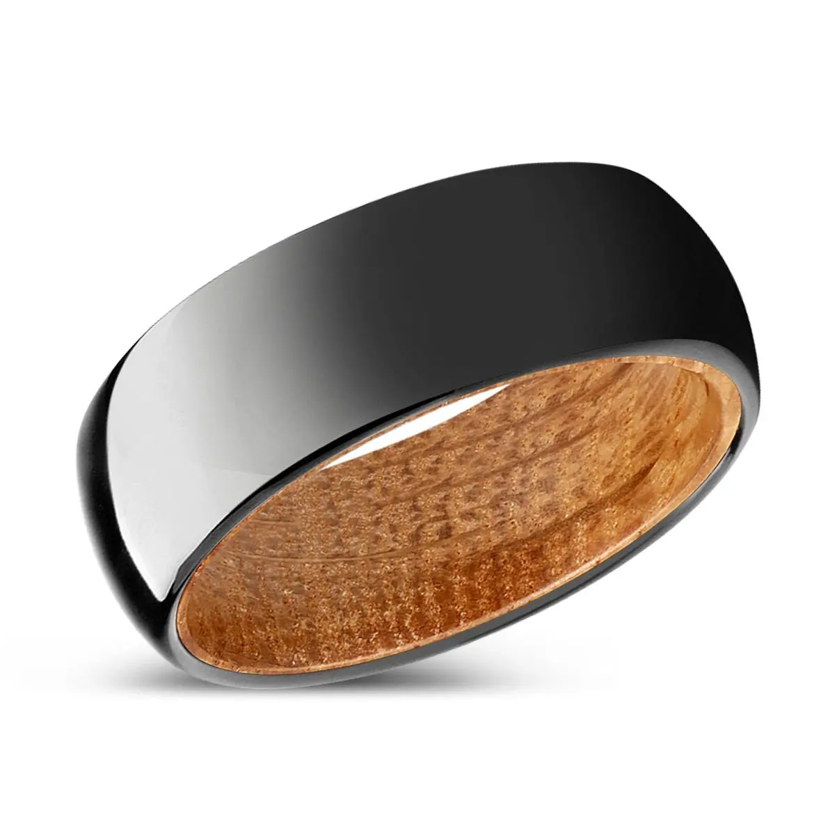 Verdant | Whiskey Barrel Wood, Black Tungsten Ring, Shiny, Domed 2