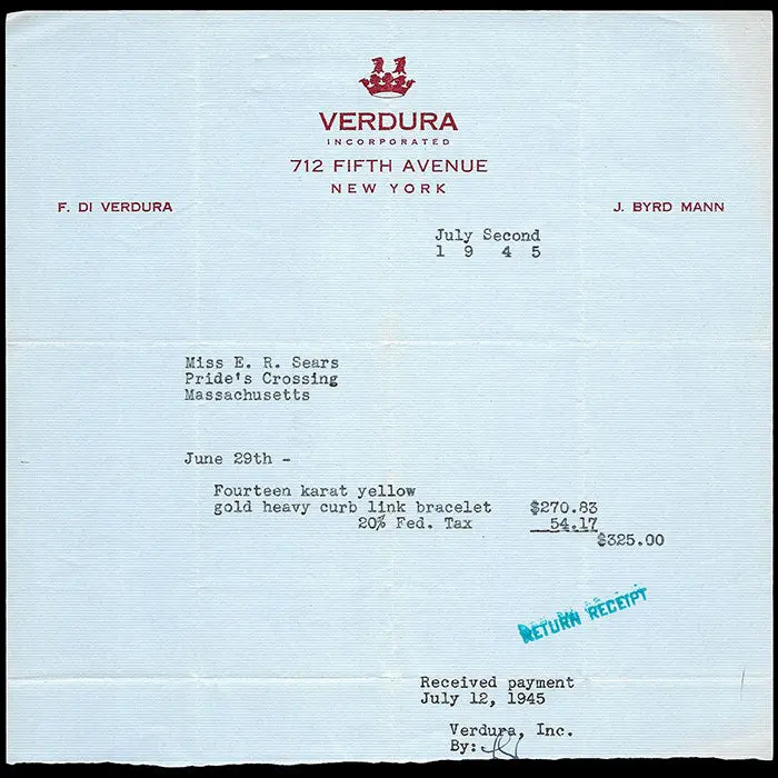 Verdura - Facture Du Bijoutier Joaillier, 712 Fifth Avenue À New York (1945) 1