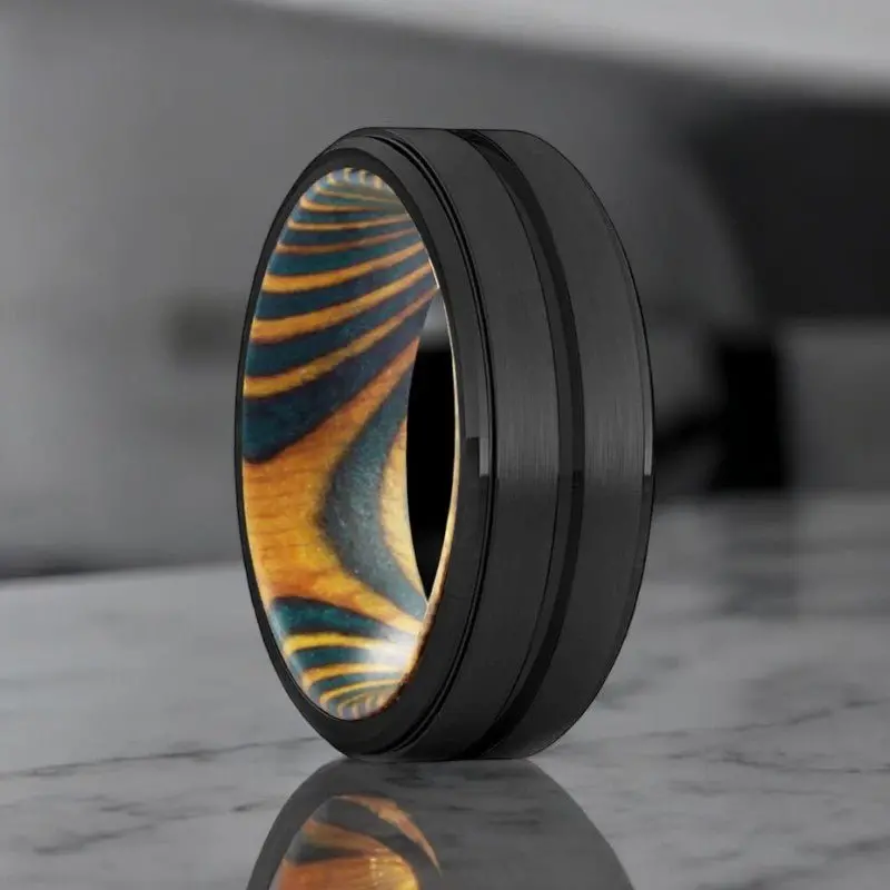Verdure | Green & Yellow Wood, Black Tungsten Ring, Grooved, Stepped Edge 1