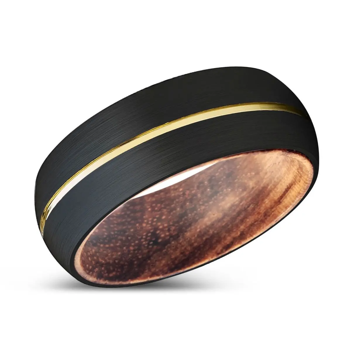 Vernon | Zebra Wood, Black Tungsten Ring, Gold Groove, Domed 2