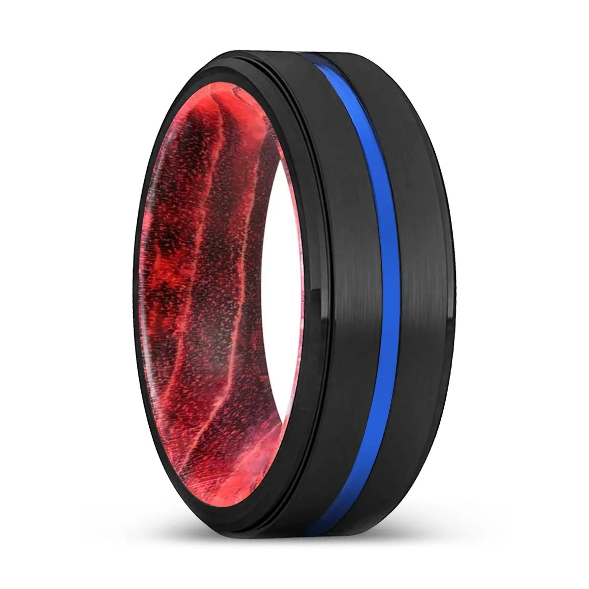 Vertex | Black & Red Wood, Black Tungsten Ring, Blue Groove, Stepped Edge 1