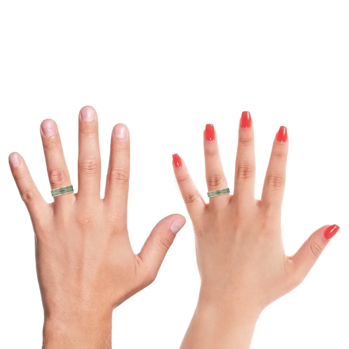 Vestige | Olive Wood, Silver Tungsten Ring, Green Groove, Gold Beveled Edge 4