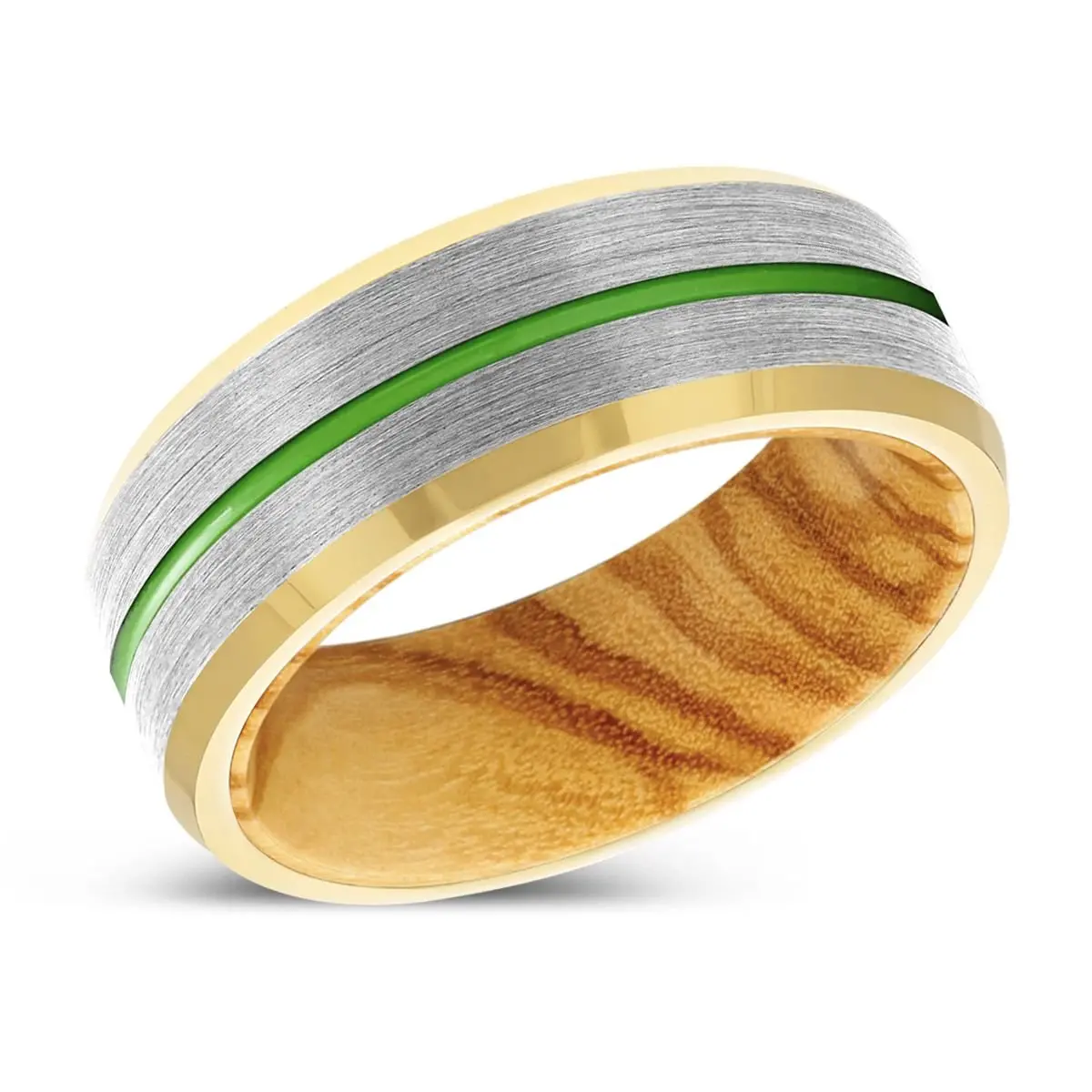 Vestige | Olive Wood, Silver Tungsten Ring, Green Groove, Gold Beveled Edge 2