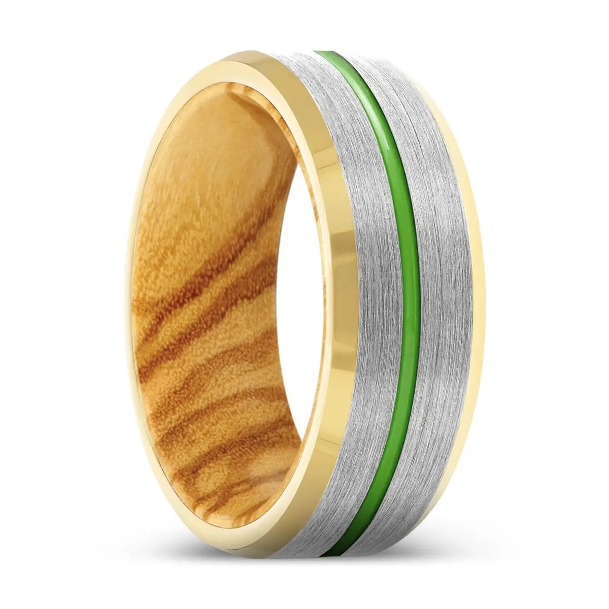 Vestige | Olive Wood, Silver Tungsten Ring, Green Groove, Gold Beveled Edge 1