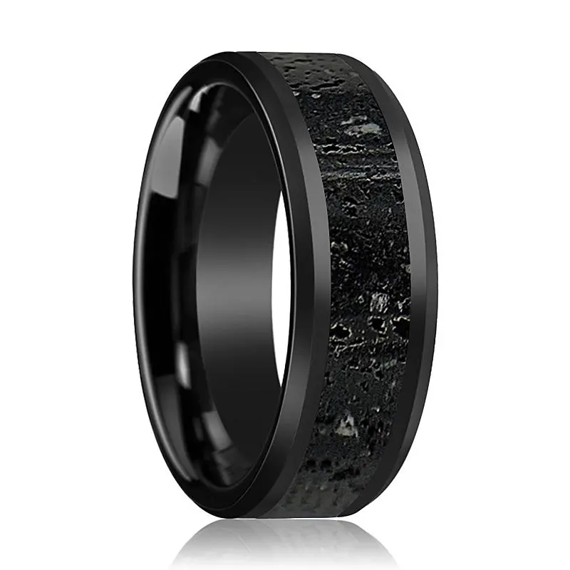 Vesuvius | Black Ceramic Ring, Lava Rock Stone Inlay, Beveled 1