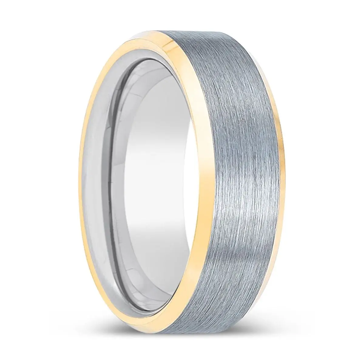 Vetran | Silver Ring, Brushed, Silver Tungsten Ring, Gold Beveled Edges 1