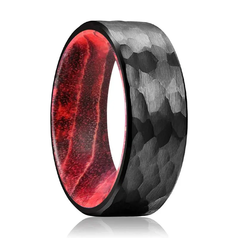 Vian | Black & Red Wood, Black Tungsten Ring, Hammered, Flat 1