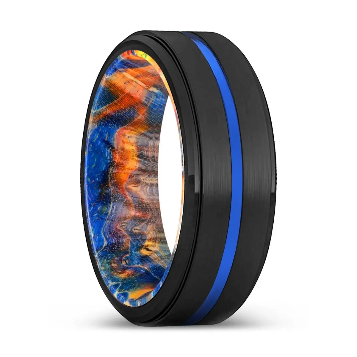 Vicious | Blue & Yellow/Orange Wood, Black Tungsten Ring, Blue Groove, Stepped Edge 1