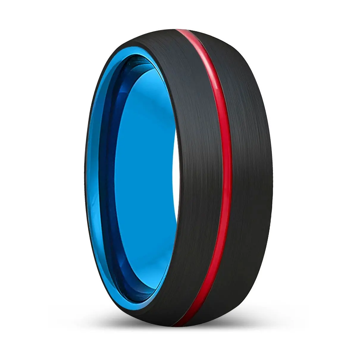 Victor | Blue Tungsten Ring, Black Tungsten Ring, Red Groove, Domed 1
