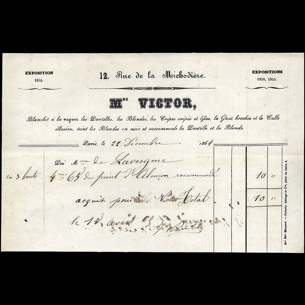 Madame Victor - Facture De La Blanchisseuse, 12 Rue De La Michodière À Paris (1864) 1