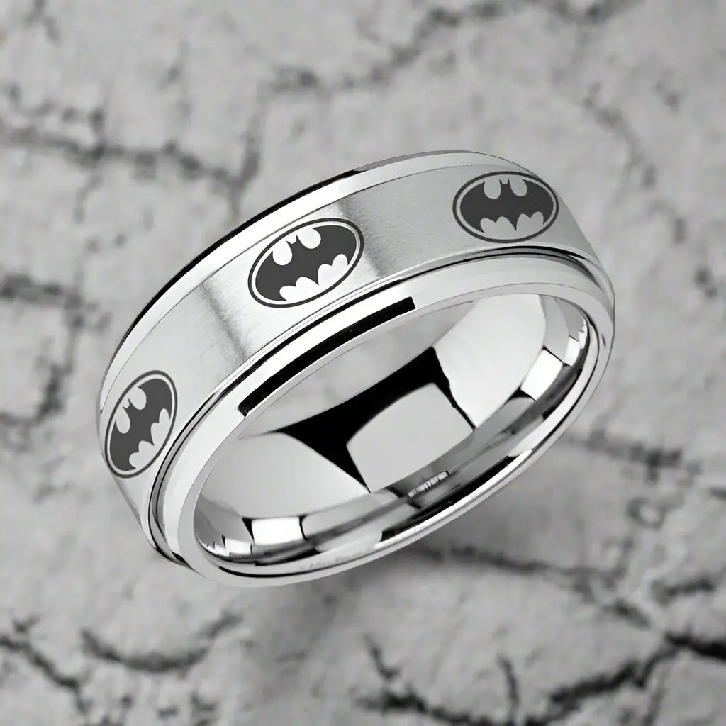 Vigilante | Silver Tungsten Ring, Fidget Spinner, Laser Engraved Batmen, Beveled 2