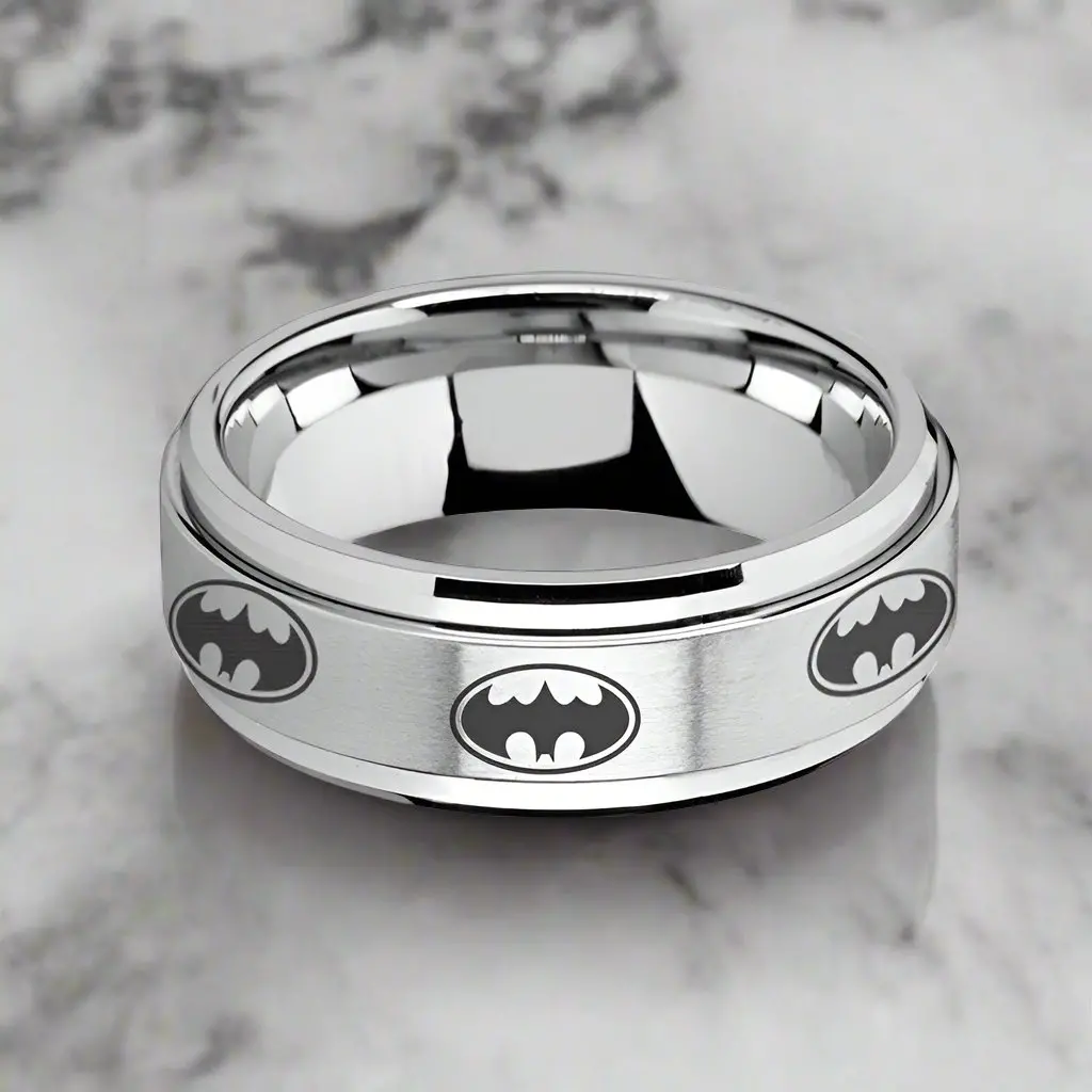 Vigilante | Silver Tungsten Ring, Fidget Spinner, Laser Engraved Batmen, Beveled 3