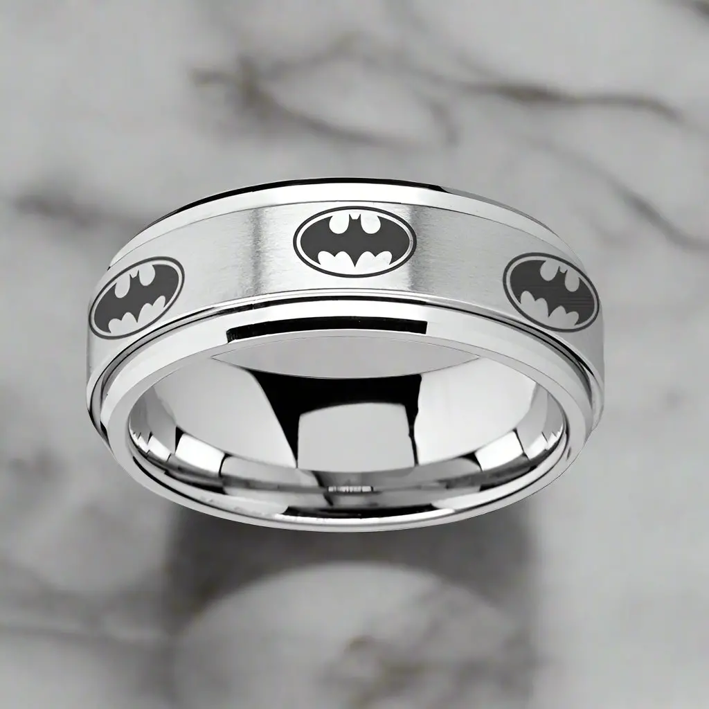 Vigilante | Silver Tungsten Ring, Fidget Spinner, Laser Engraved Batmen, Beveled 1