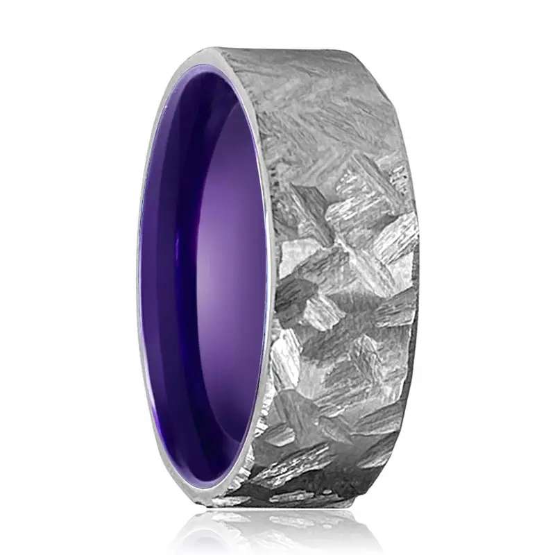 Viking | Purple Ring, Silver Titanium Ring, Hammered, Flat 1