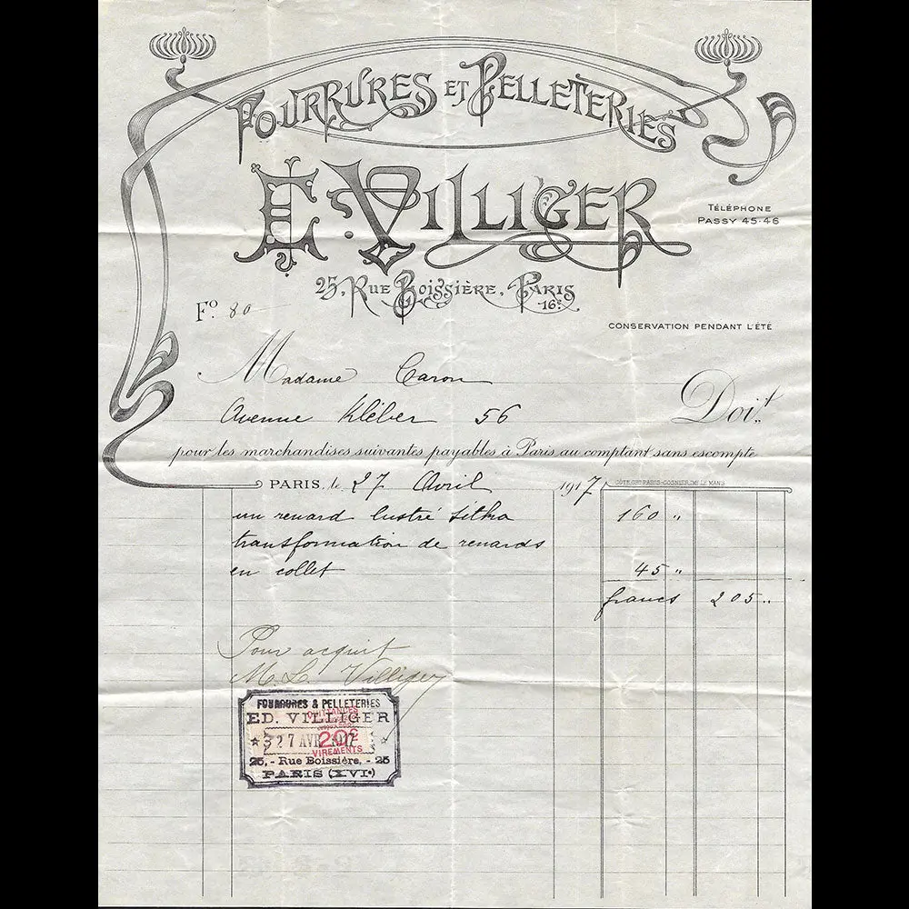 E. Villiger - Facture De La Maison De Fourrures, 25 Rue Boissière À Paris (1917) 1