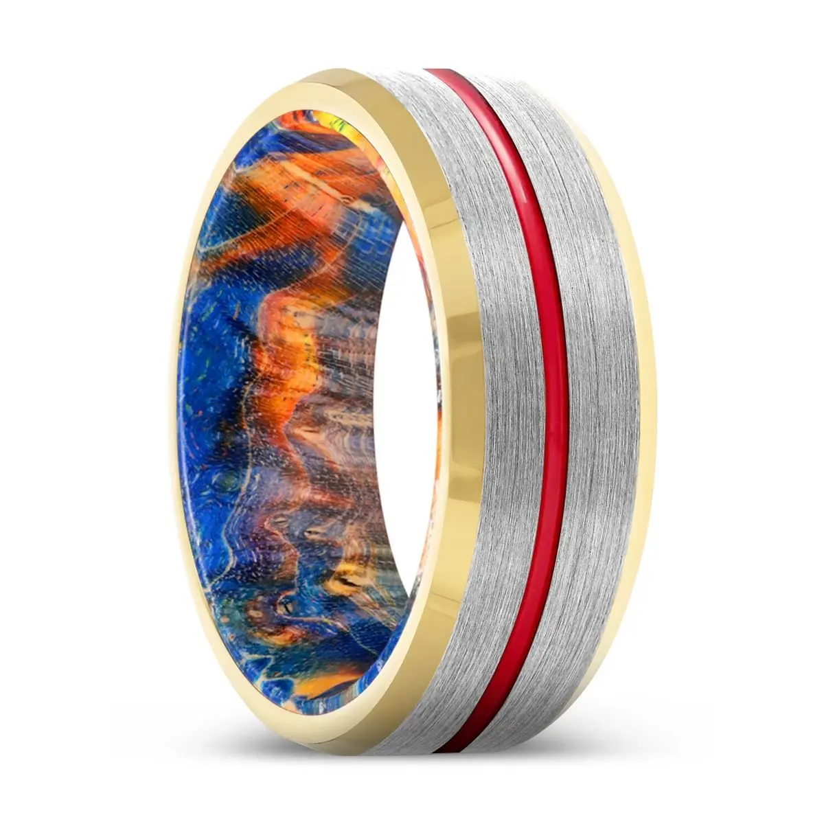 Vincent | Blue & Yellow/Orange Wood, Silver Tungsten Ring, Red Groove, Gold Beveled Edge 1