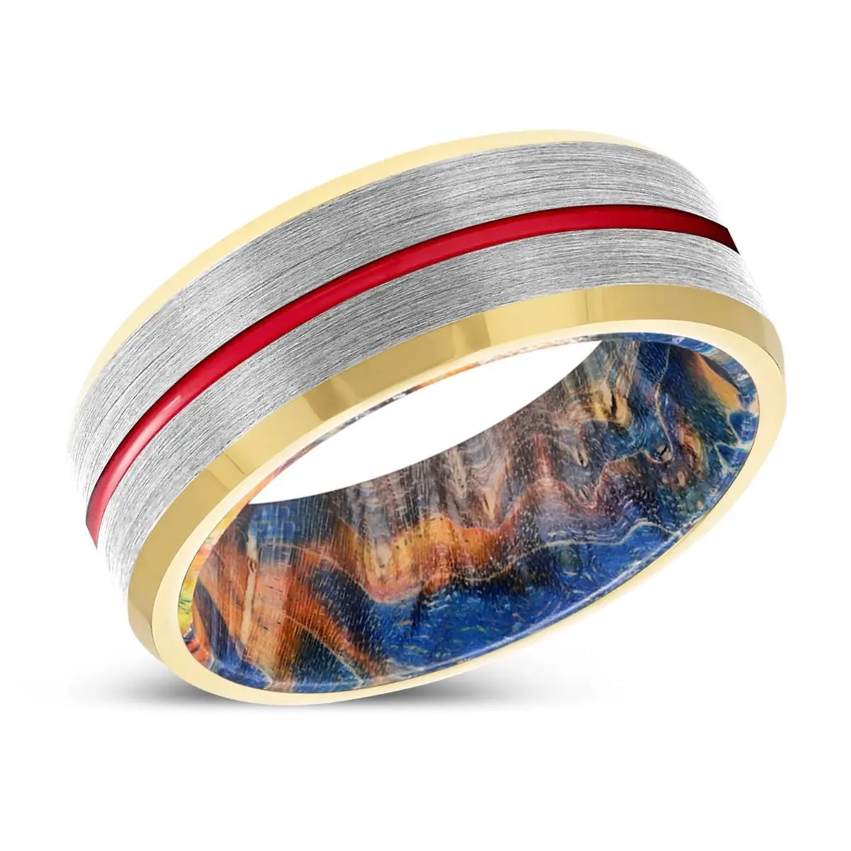 Vincent | Blue & Yellow/Orange Wood, Silver Tungsten Ring, Red Groove, Gold Beveled Edge 2