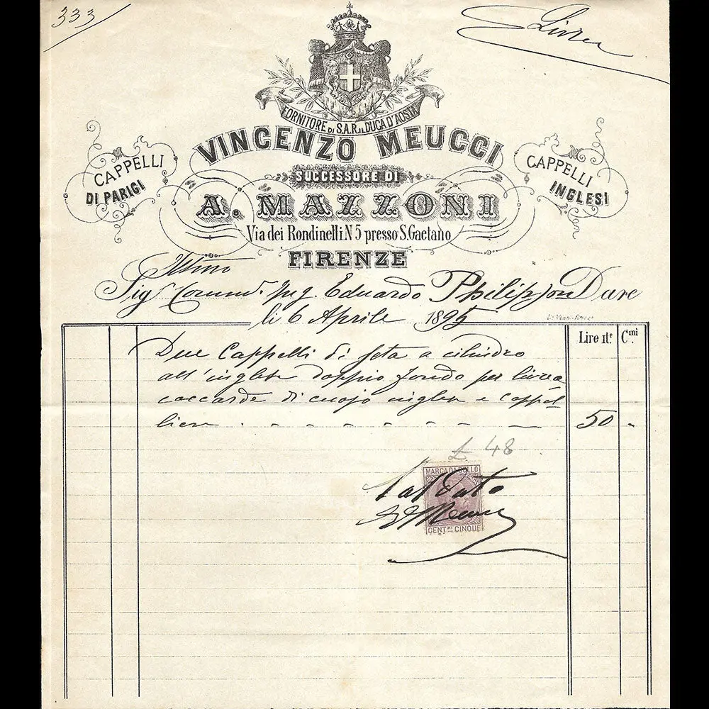 Vincenzo Meucci - Facture De La Maison De Chapeaux, Via Rondinelli, Firenze (1895) 1
