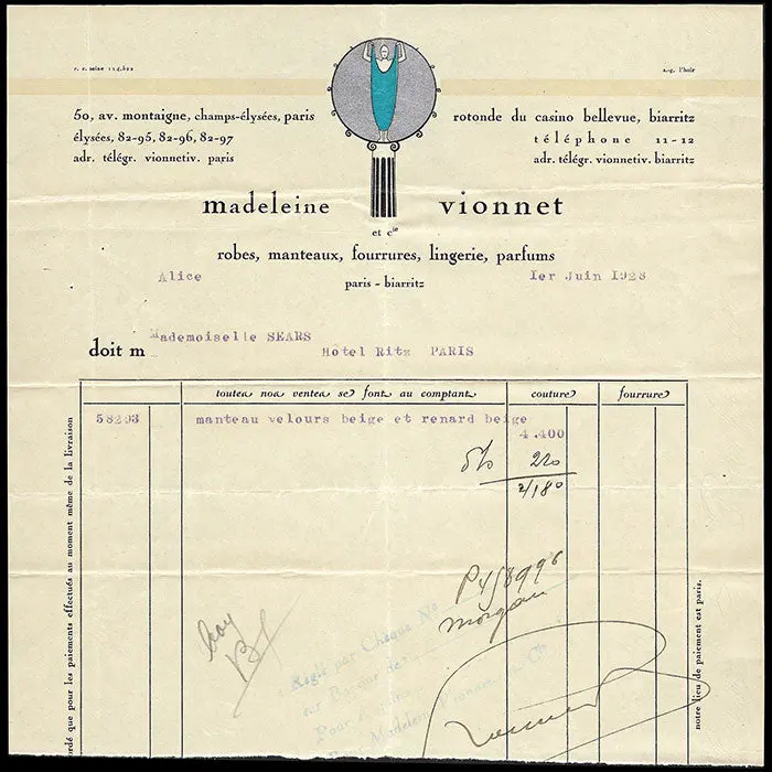 Vionnet - Facture, 50 Avenue Montaigne À Paris (1Er Juin 1928) 1