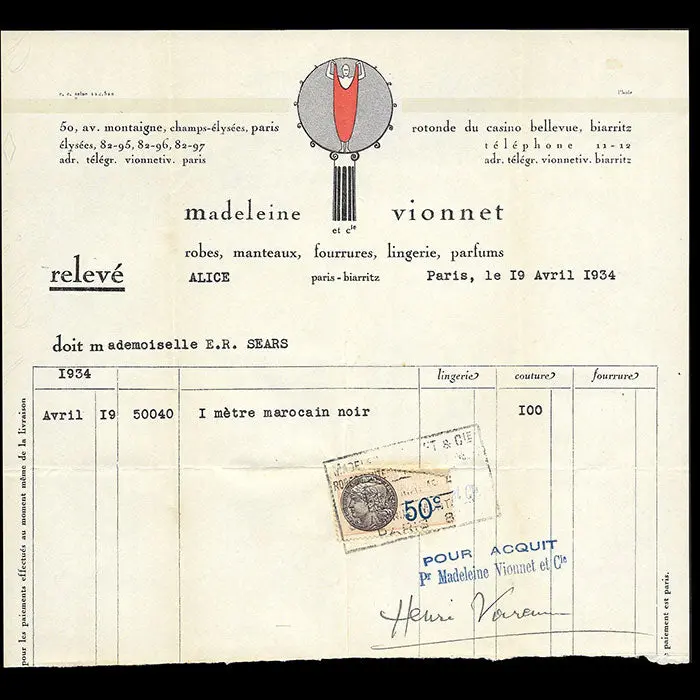 Vionnet - Facture, 50 Avenue Montaigne À Paris (19 Avril 1934) 1