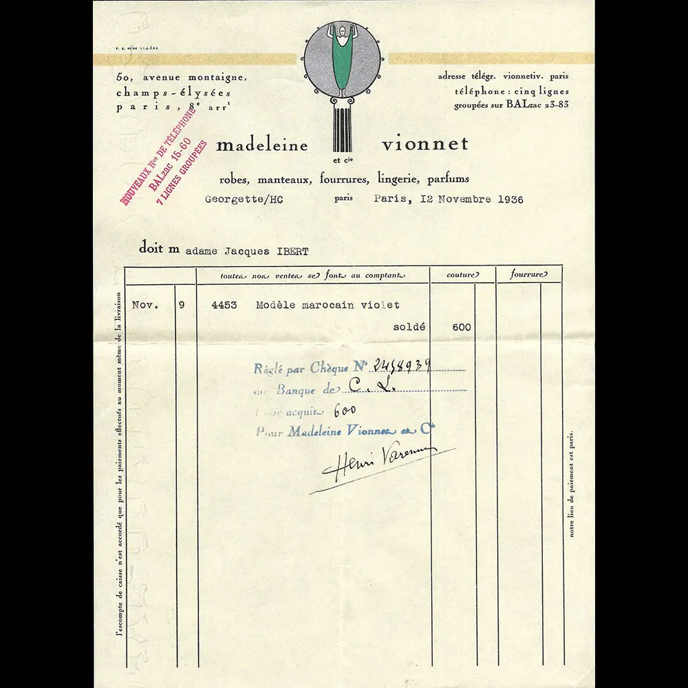 Vionnet - Facture, 50 Avenue Montaigne À Paris (1936) 1
