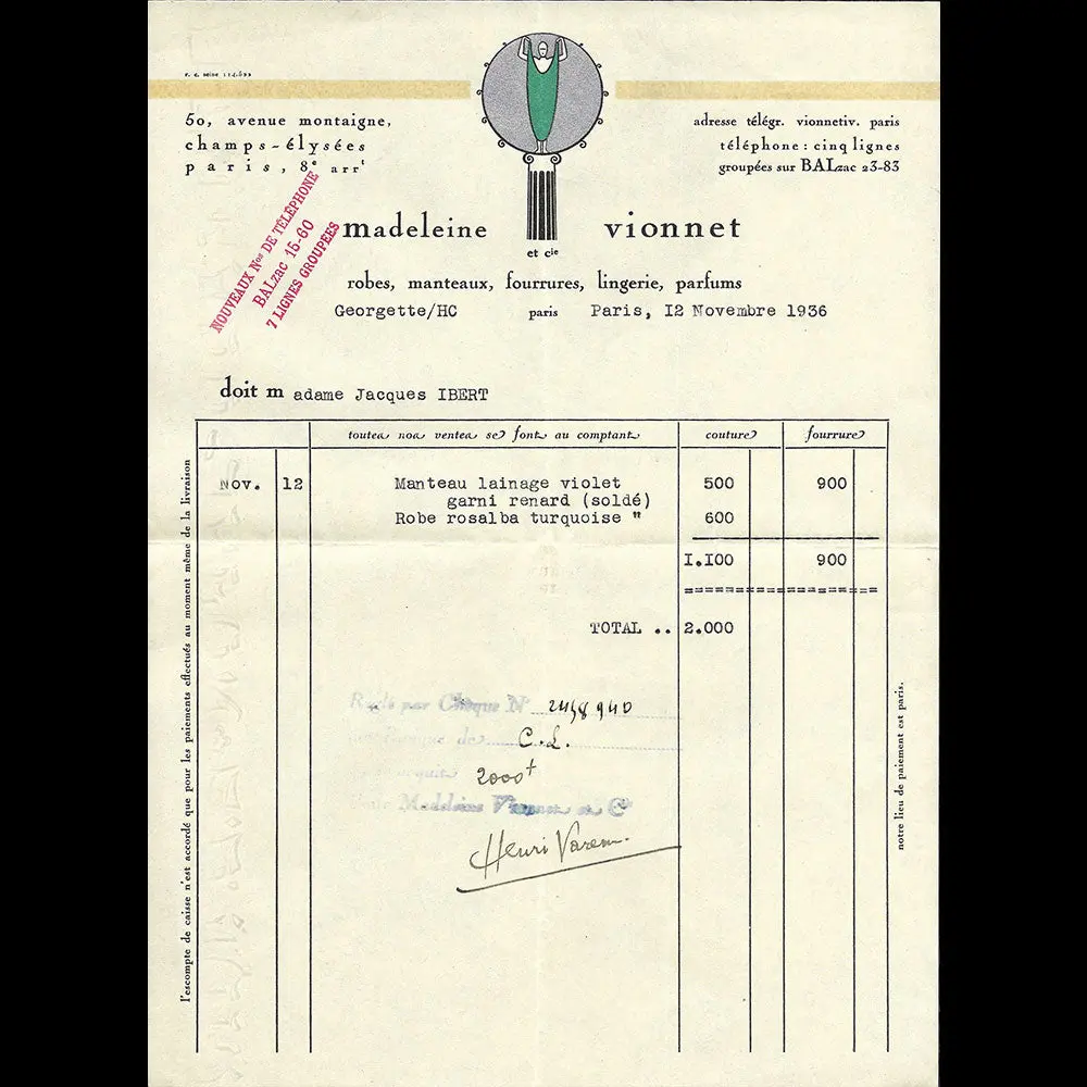 Vionnet - Facture, 50 Avenue Montaigne À Paris (1936) 1