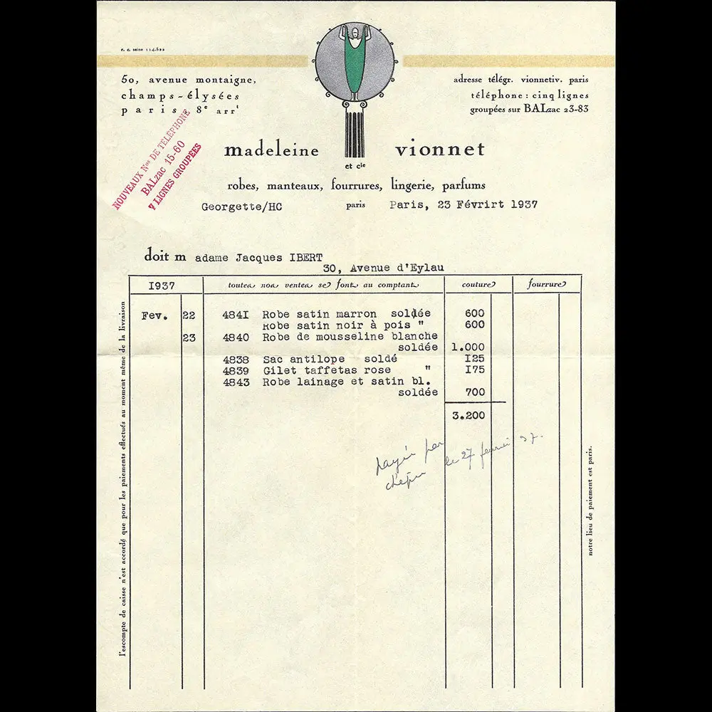 Vionnet - Facture, 50 Avenue Montaigne À Paris (1937) 1