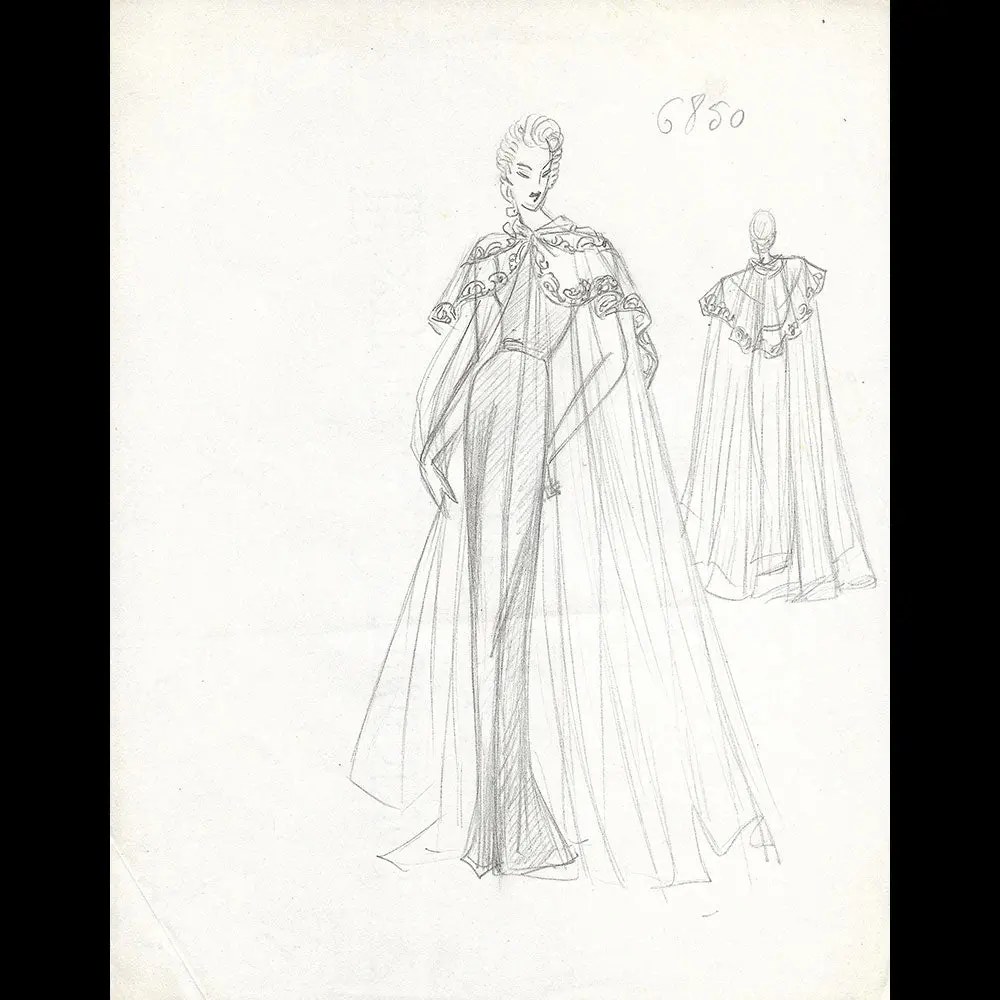 Vionnet - Dessin D'une Cape De Tulle Blanc Brodé Pour L'été 1939 1