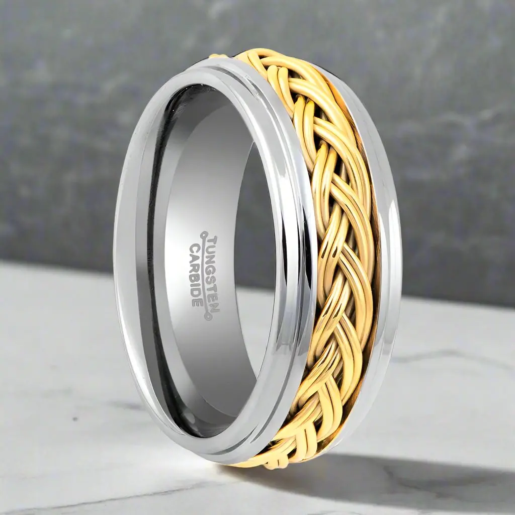 Viper | Silver Tungsten Ring, Gold Braid, Domed 1