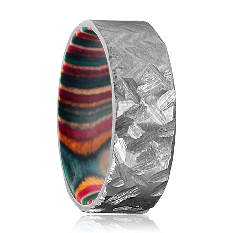 Virage | Multi Color Wood, Silver Titanium Ring, Hammered, Flat 1
