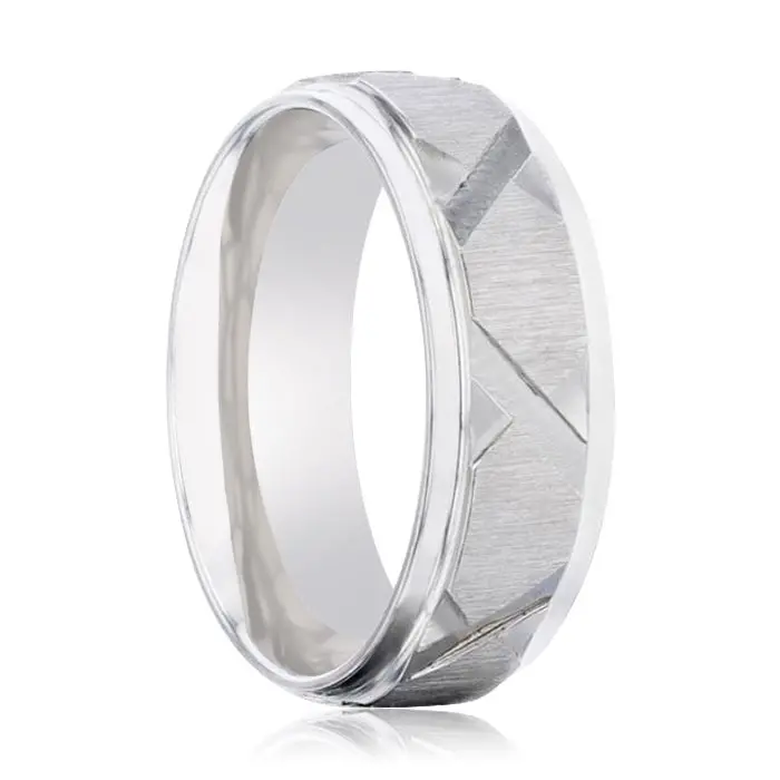 Virage Raised Horizontal Etch And Diagon-Shaped Cuts Centered Titanium Men's Wedding Ring With Polished Step Edges - 8Mm 1