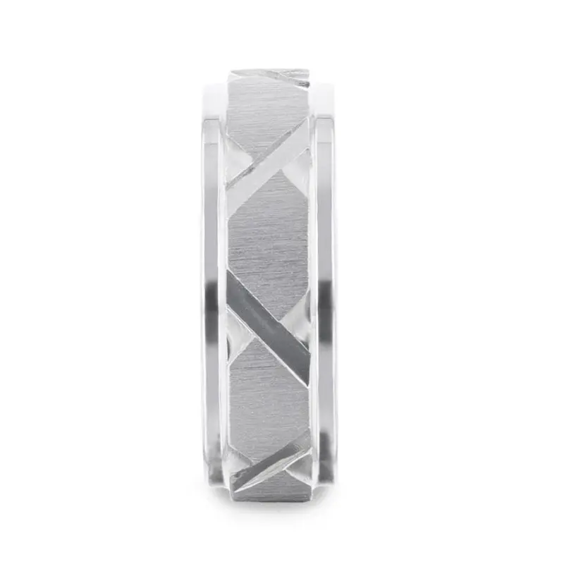Virage Raised Horizontal Etch And Diagon-Shaped Cuts Centered Titanium Men's Wedding Ring With Polished Step Edges - 8Mm 2