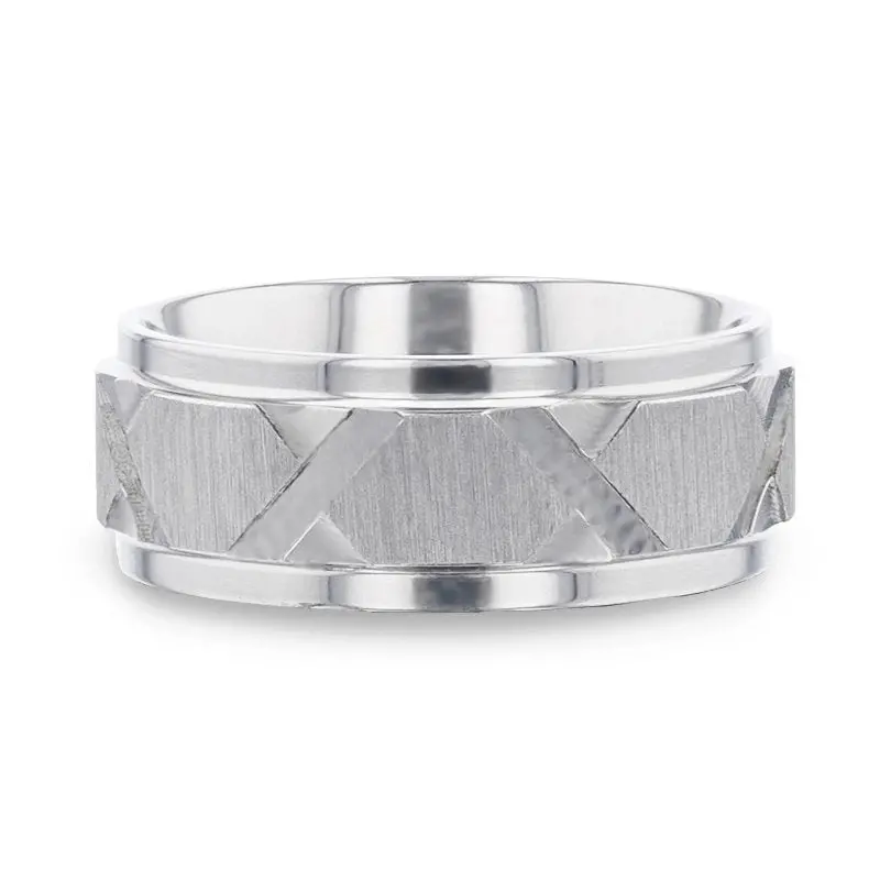 Virage Raised Horizontal Etch And Diagon-Shaped Cuts Centered Titanium Men's Wedding Ring With Polished Step Edges - 8Mm 3